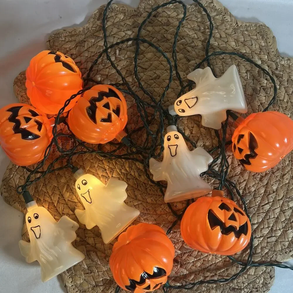 Vintage 10 Halloween Blow Mold Pumpkins (6) & Ghost (4) String Lights Corded